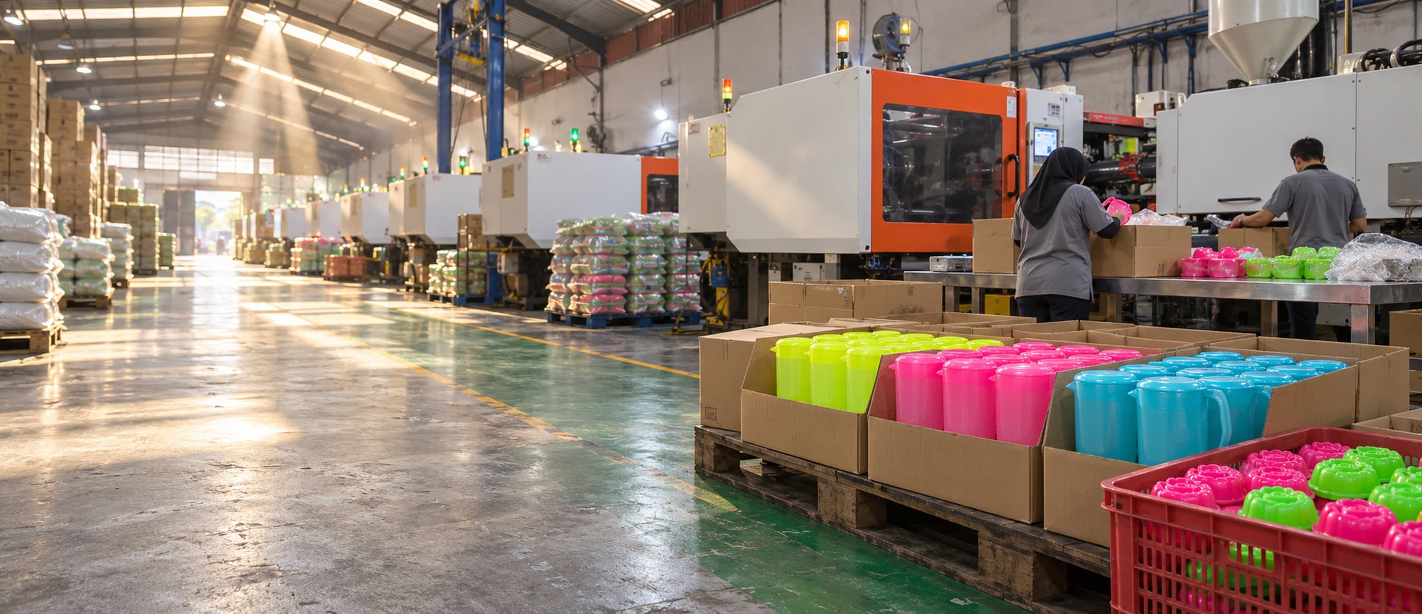 Lantai produksi — mesin injection moulding beroperasi, hasil dikemas di tempat.