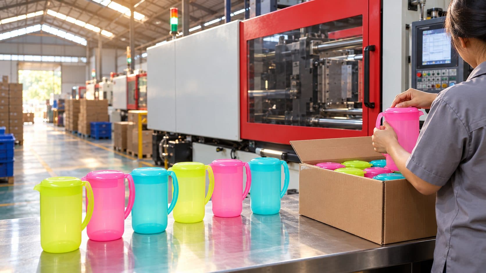 Operator mengemas teko Candid ke dalam karton di samping mesin injection moulding